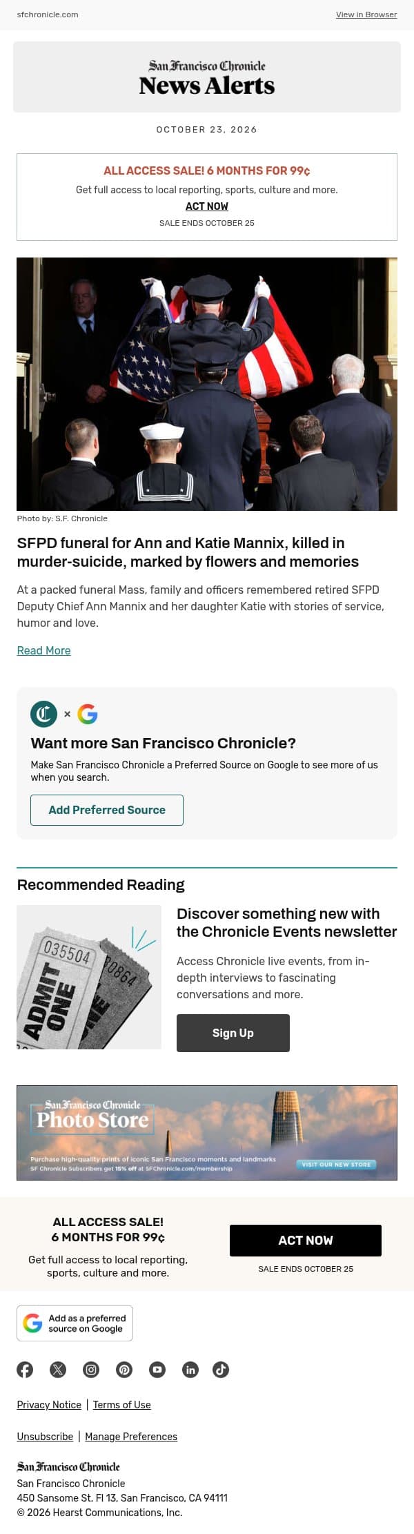 SFPD funeral for Ann and Katie Mannix, killed in murder-suicide, marked by flowers and memories email from San Francisco Chronicle screenshot