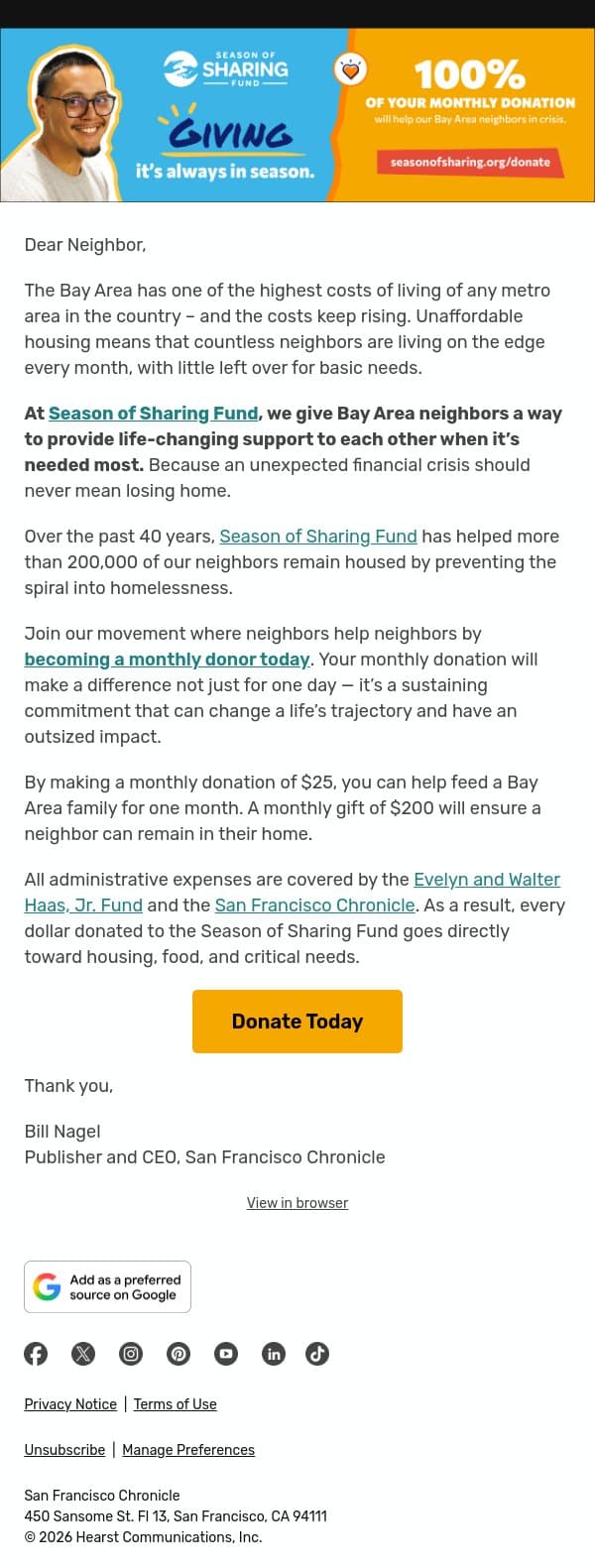 Help a neighbor when they need it most email from San Francisco Chronicle screenshot