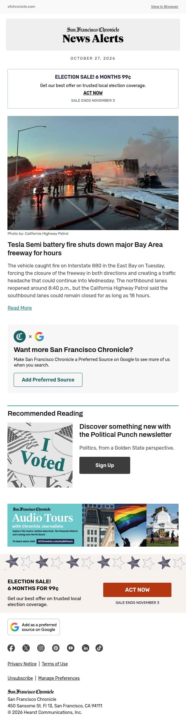 Tesla Semi battery fire shuts down major Bay Area freeway for hours email from San Francisco Chronicle screenshot