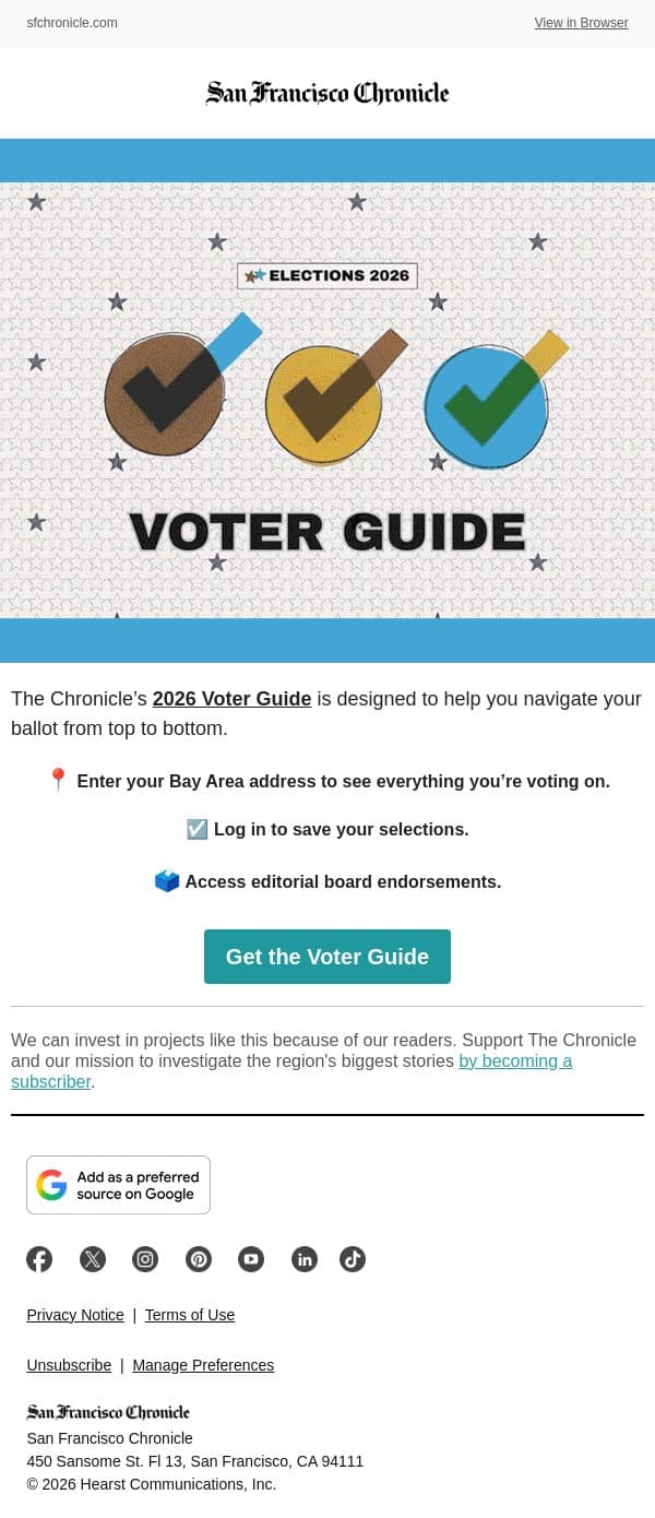 The Chronicle’s 2026 Voter Guide & Endorsements email from San Francisco Chronicle screenshot