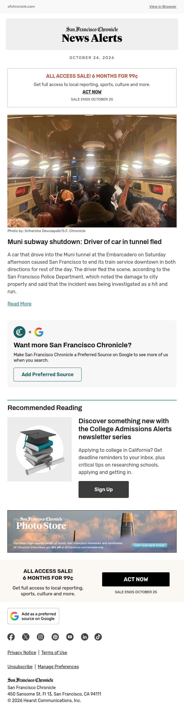 Muni subway shutdown: Driver of car in tunnel fled email from San Francisco Chronicle screenshot