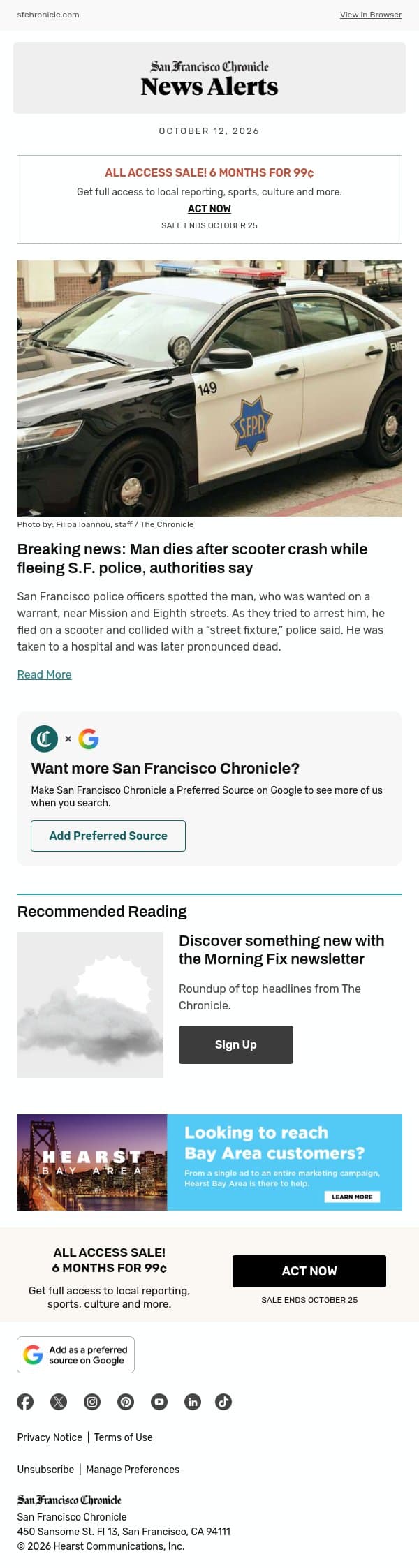 Breaking news: Man dies after scooter crash while fleeing S.F. police, authorities say email from San Francisco Chronicle screenshot