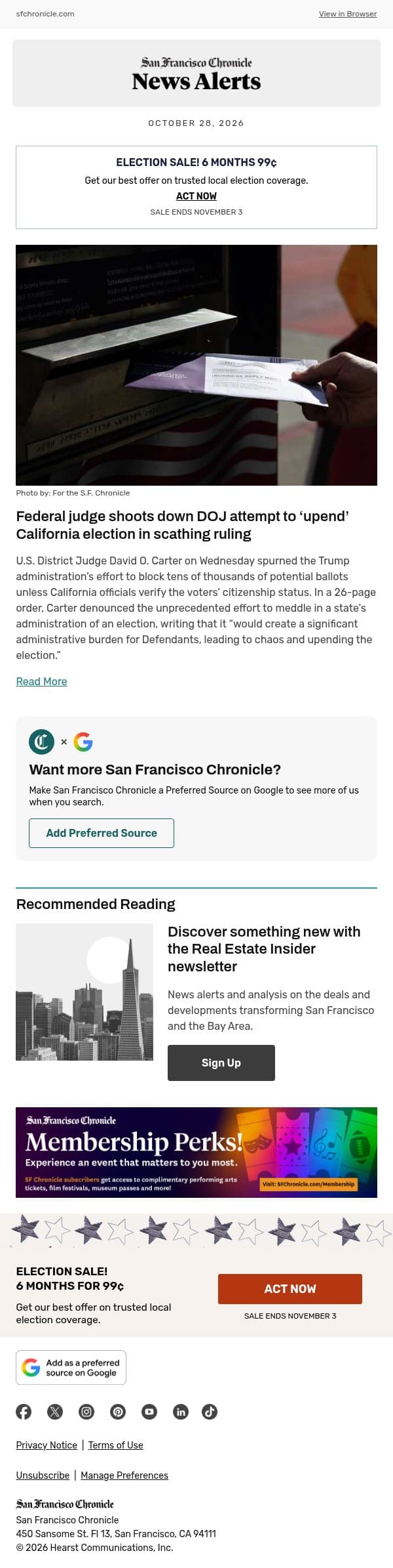 Federal judge shoots down DOJ attempt to ‘upend’ California election in scathing ruling email from San Francisco Chronicle screenshot