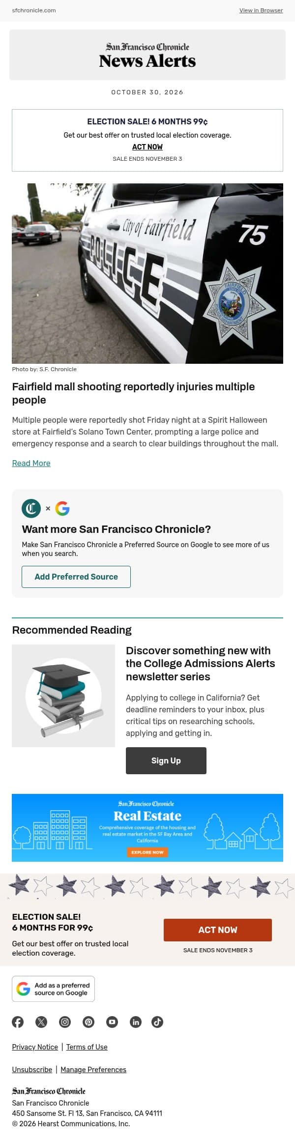 Fairfield mall shooting reportedly injuries multiple people email from San Francisco Chronicle screenshot