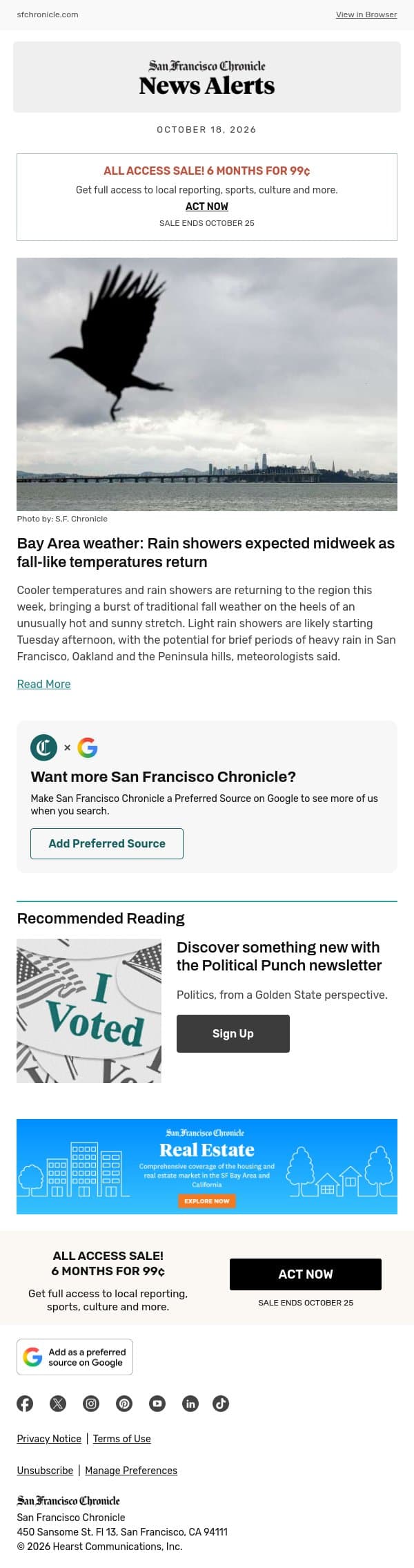 Bay Area weather: Rain showers expected midweek as fall-like temperatures return email from San Francisco Chronicle screenshot