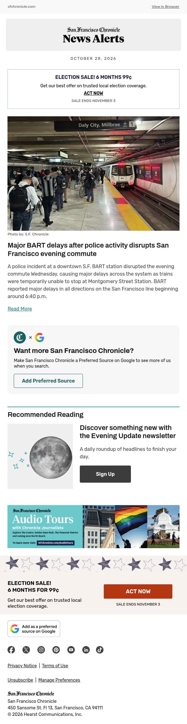 Major BART delays after police activity disrupts San Francisco evening commute email from San Francisco Chronicle screenshot