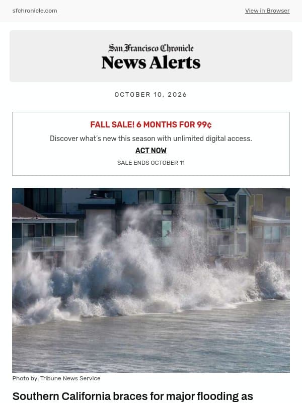 Southern California braces for major flooding as Tropical Storm Rachel barrels in email from San Francisco Chronicle