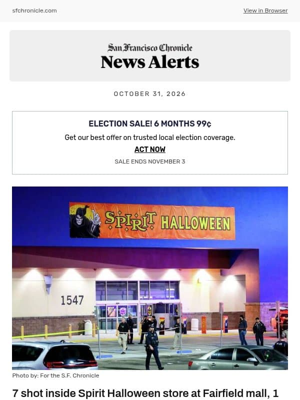 7 shot inside Spirit Halloween store at Fairfield mall, 1 dead email from San Francisco Chronicle