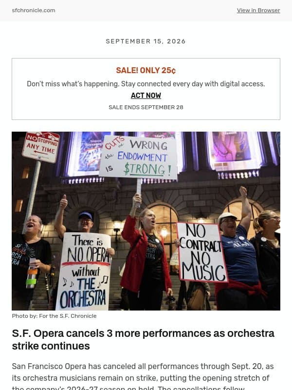 S.F. Opera cancels 3 more performances as orchestra strike continues email from San Francisco Chronicle