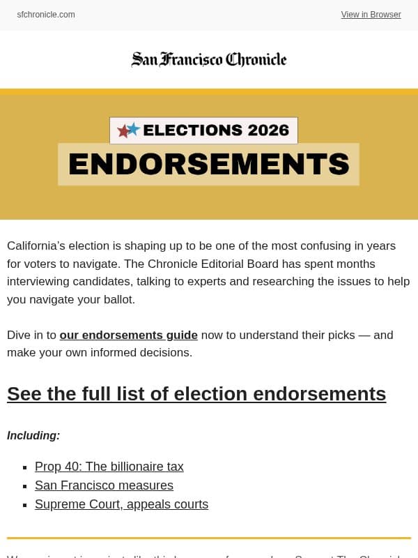 Election endorsements for every California race — and key local ones email from San Francisco Chronicle