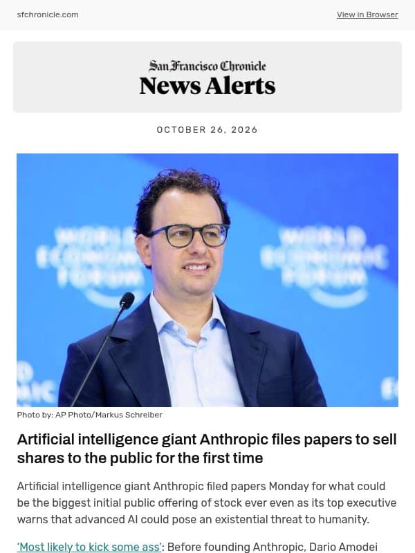 Artificial intelligence giant Anthropic files papers to sell shares to the public for the first time email from San Francisco Chronicle