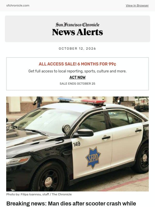 Breaking news: Man dies after scooter crash while fleeing S.F. police, authorities say email from San Francisco Chronicle