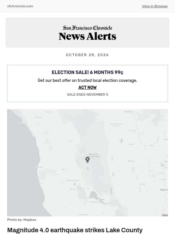 Magnitude 4.0 earthquake strikes Lake County email from San Francisco Chronicle