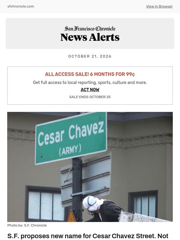 S.F. proposes new name for Cesar Chavez Street. Not everyone is happy email from San Francisco Chronicle