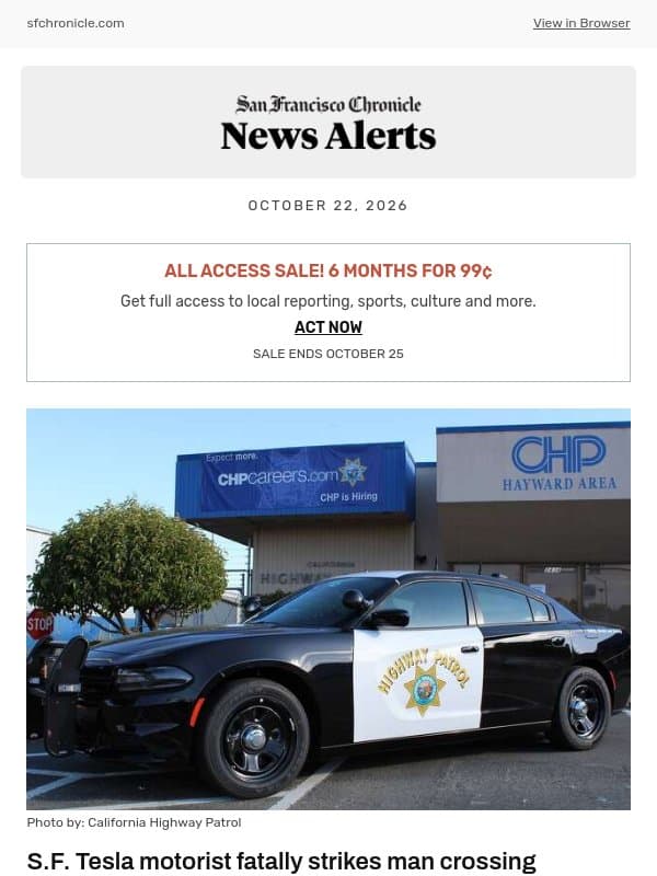 S.F. Tesla motorist fatally strikes man crossing highway while car was in full-self-driving mode email from San Francisco Chronicle