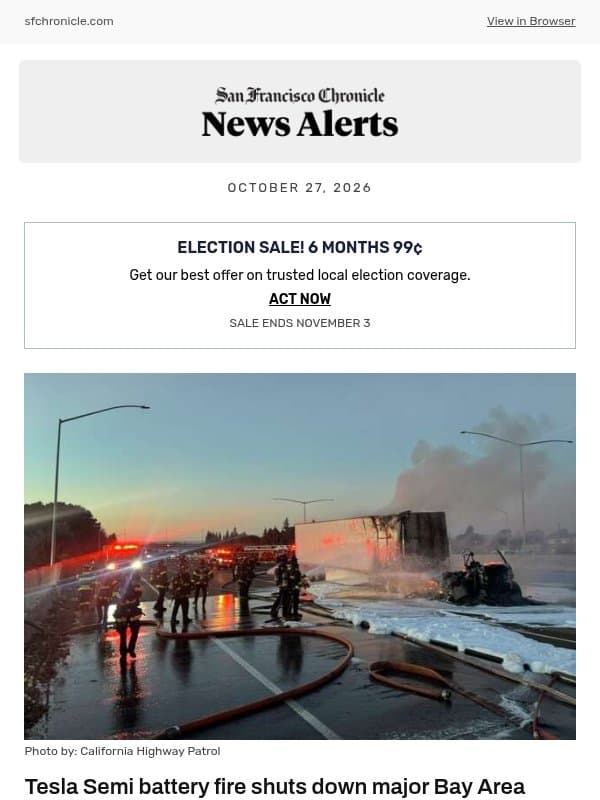 Tesla Semi battery fire shuts down major Bay Area freeway for hours email from San Francisco Chronicle