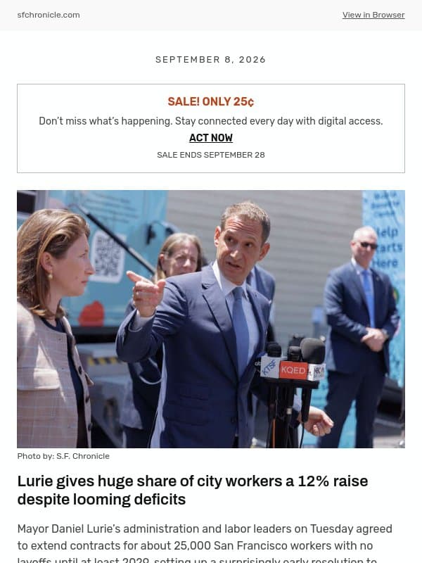 Lurie gives huge share of city workers a 12% raise despite looming deficits email from San Francisco Chronicle