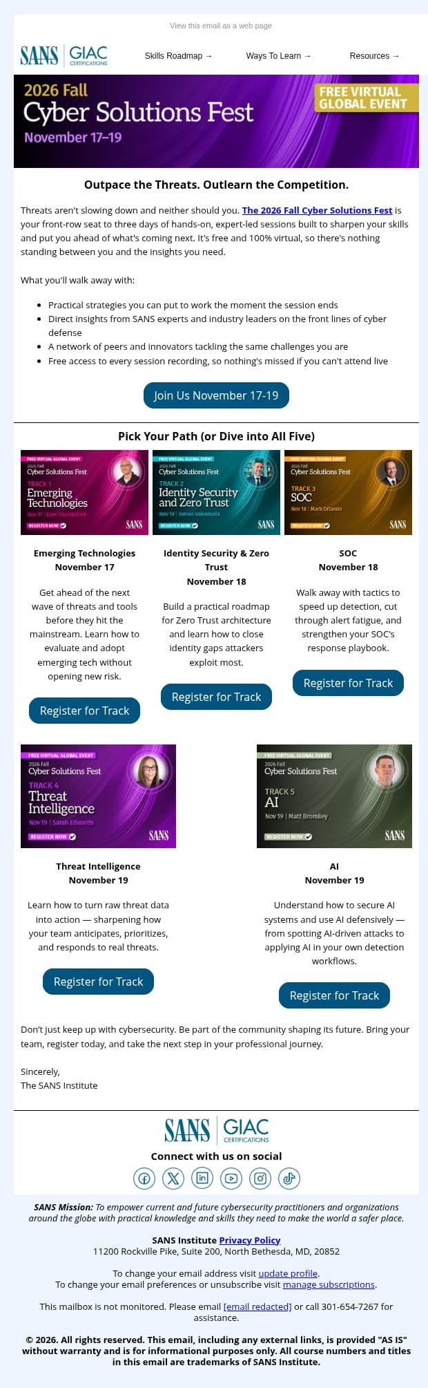 Join the 2026 Fall Cyber Solutions Fest email from SANS Institute screenshot