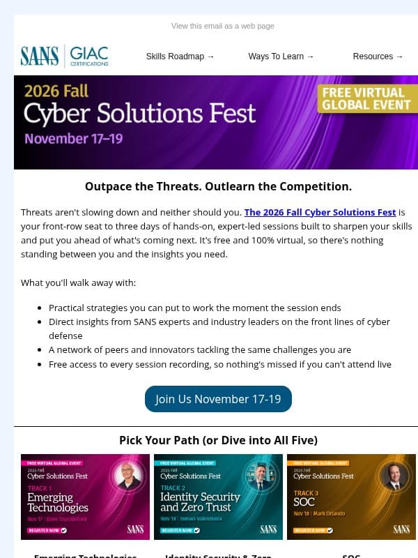 Join the 2026 Fall Cyber Solutions Fest email from SANS Institute