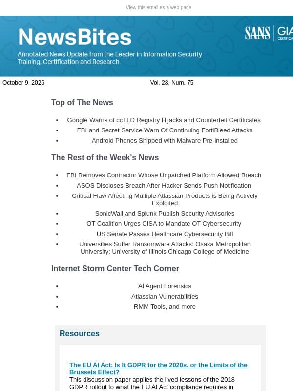 SANS NewsBites Vol. 28 Num. 75 : Google Warns of ccTLD Registry Hijacks; FortiBleed Attacks Continuing; Android Phones Shipped with Malware Pre-installed email from SANS Institute