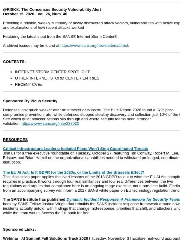 @RISK®: The Consensus Security Vulnerability Alert: Vol. 26, Num. 40 email from SANS Institute