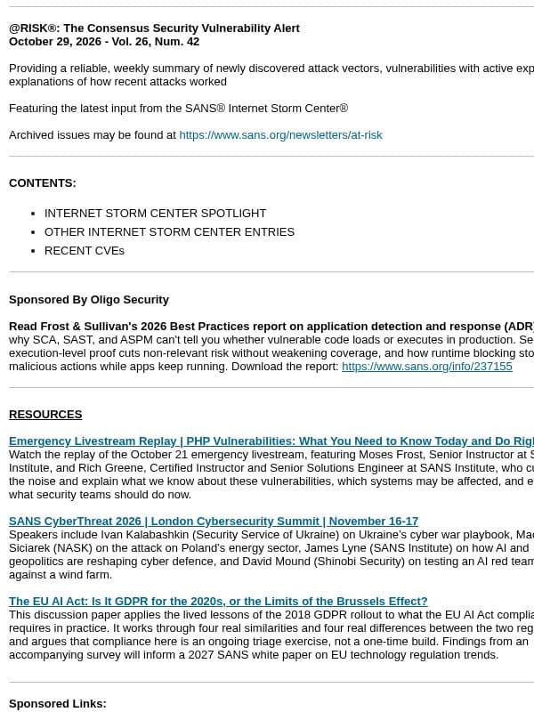@RISK®: The Consensus Security Vulnerability Alert: Vol. 26, Num. 42 email from SANS Institute