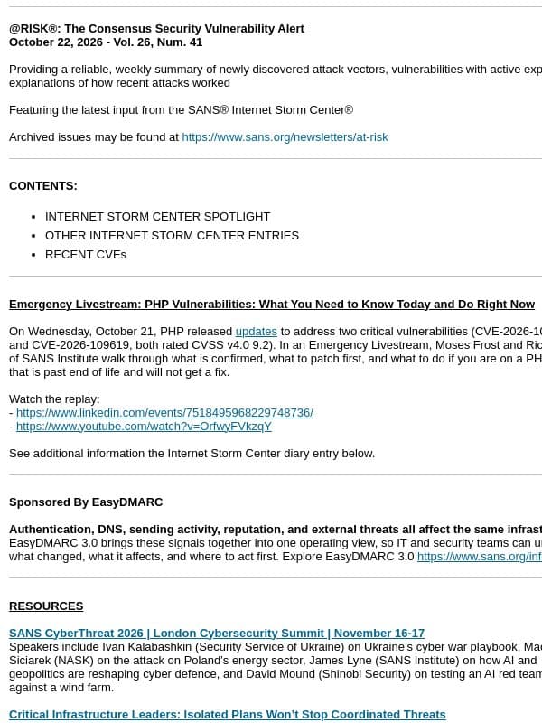 @RISK®: The Consensus Security Vulnerability Alert: Vol. 26, Num. 41 email from SANS Institute