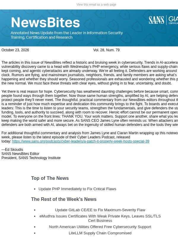 SANS NewsBites Vol. 28 Num. 79 : Update PHP Immediately to Fix Critical Flaws email from SANS Institute