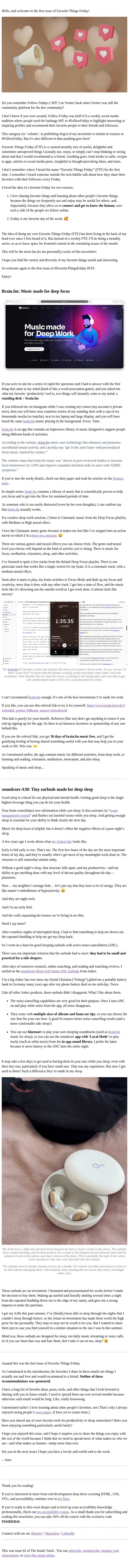 Favorite Things Friday #1: One thing for deep work; and one for deep sleep. email from Sara Soueidan screenshot