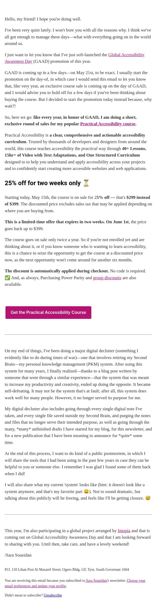 Global Accessibility Awareness Day (GAAD) is around the corner ππ» email from Sara Soueidan screenshot