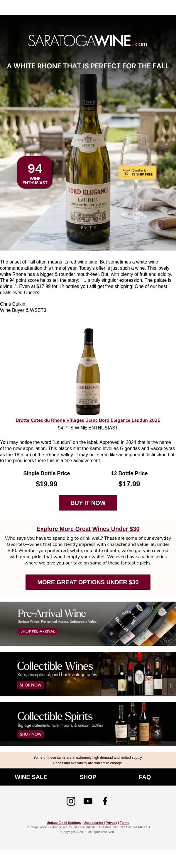 A White Rhone That Is Perfect for the Fall email from Saratoga Wine Exchange screenshot