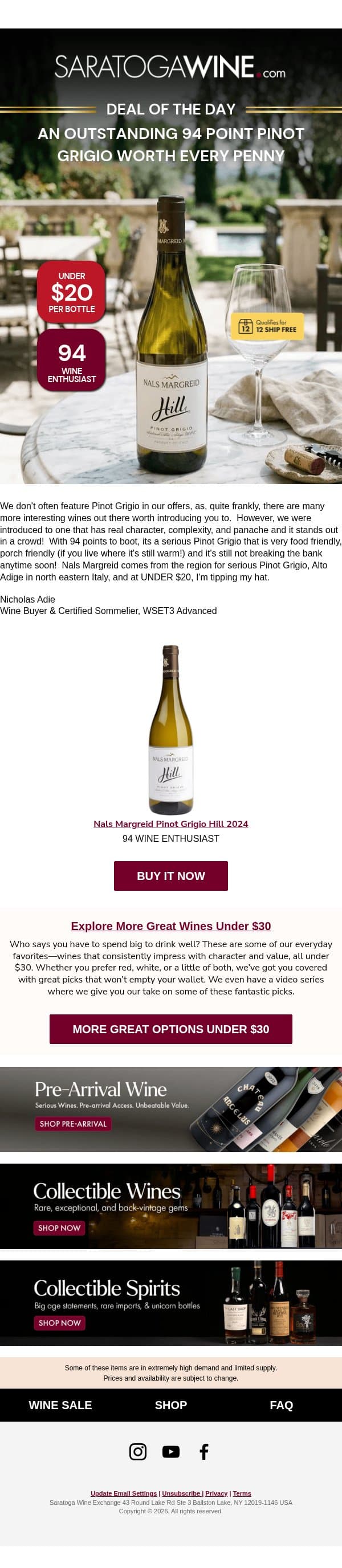 An Outstanding 94 Point Pinot Grigio Worth Every Penny email from Saratoga Wine Exchange screenshot