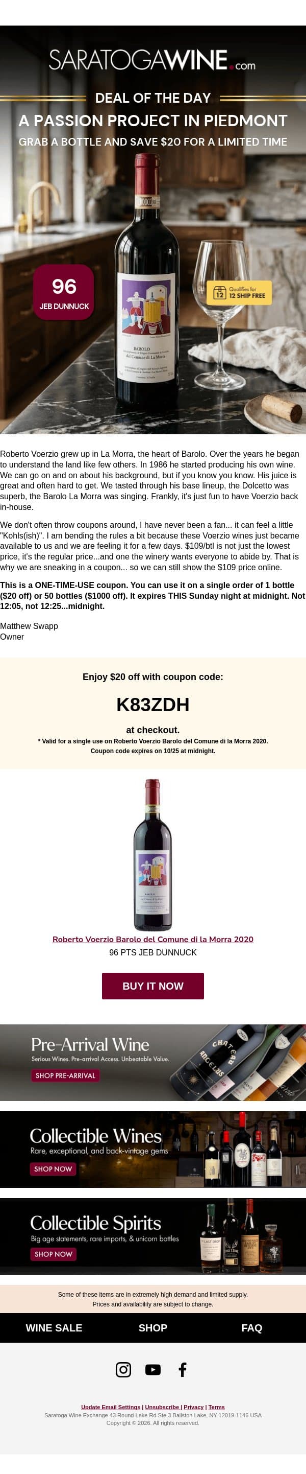 A Passion Project in Piedmont with a $20 couponš· email from Saratoga Wine Exchange screenshot