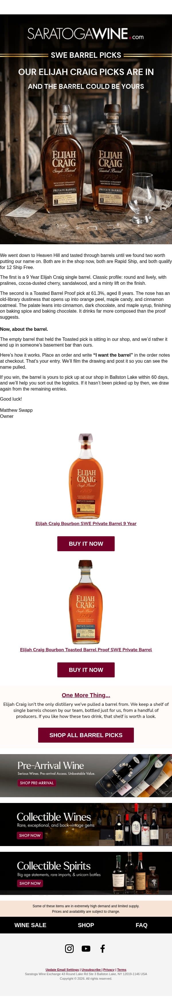 Two New Fantastic barrel picks from Elijah Craig 🥃 email from Saratoga Wine Exchange screenshot