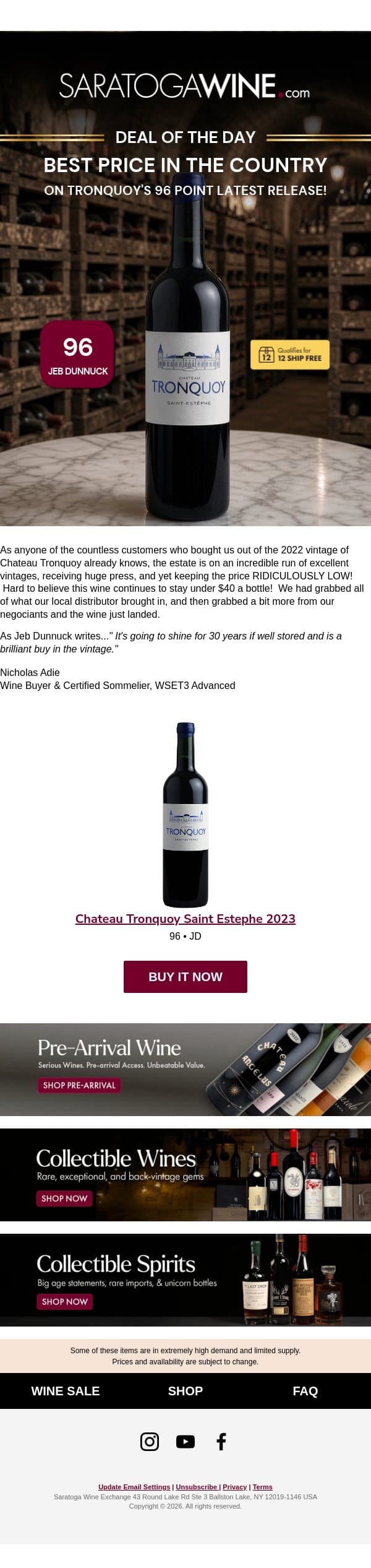BEST PRICE ON TRONQUOY'S 96 POINT LATEST RELEASE! 🍷 email from Saratoga Wine Exchange screenshot
