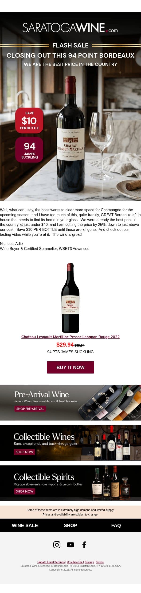 FLASH SALE! CLOSING OUT THIS 94 POINT BORDEAUX! 📣 email from Saratoga Wine Exchange screenshot