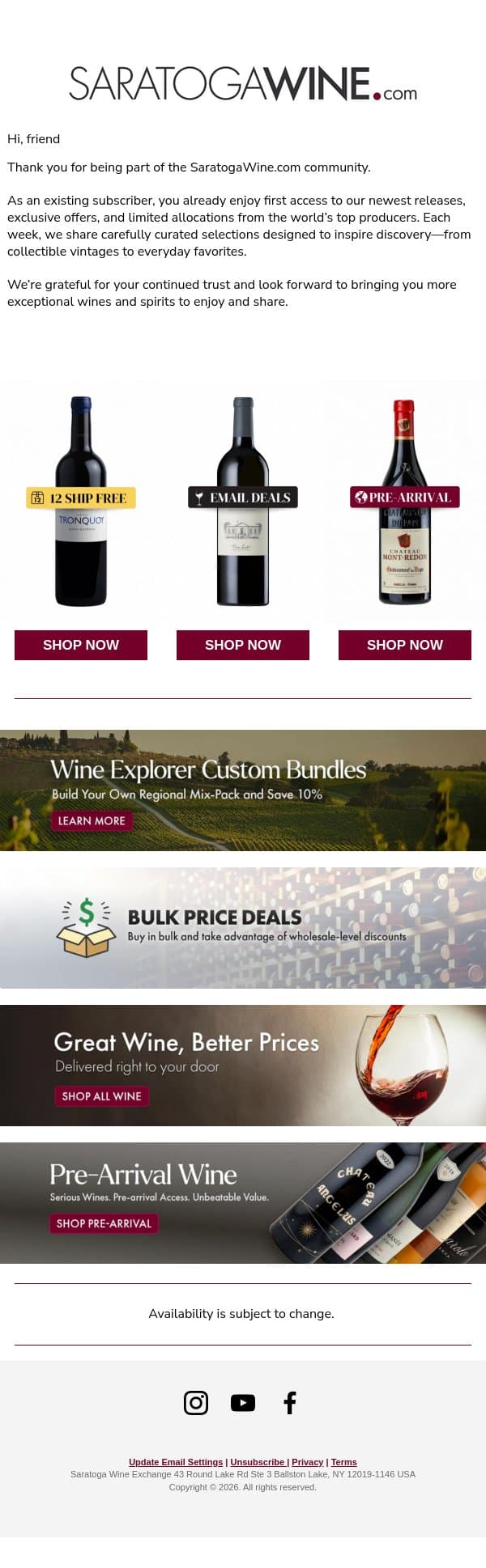 Thank you for being part of SaratogaWine.com email from Saratoga Wine Exchange screenshot