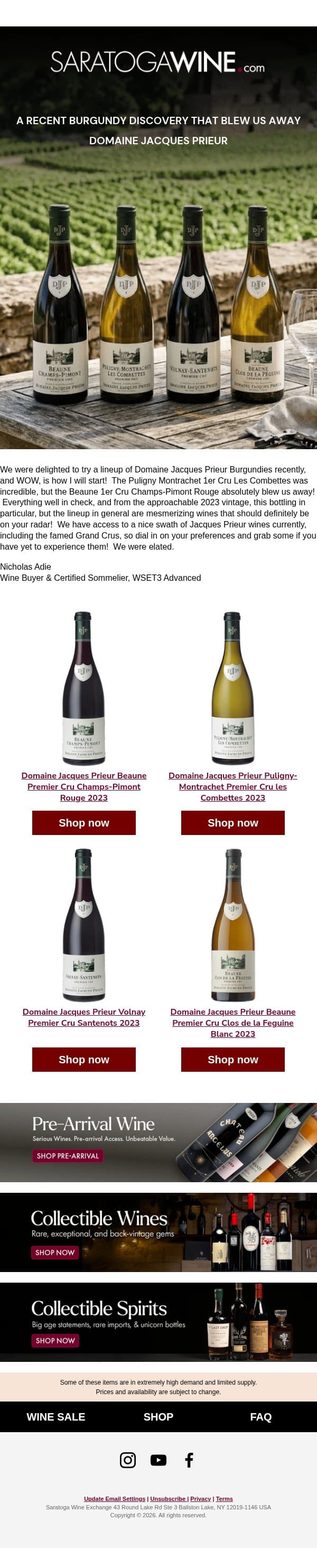 A Recent Burgundy Discovery That Blew Us Away email from Saratoga Wine Exchange screenshot