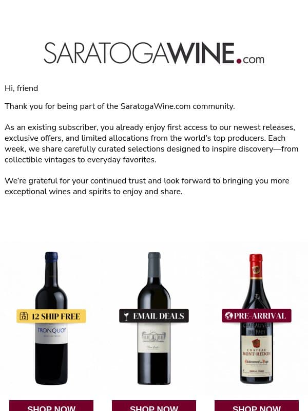 Thank you for being part of SaratogaWine.com email from Saratoga Wine Exchange