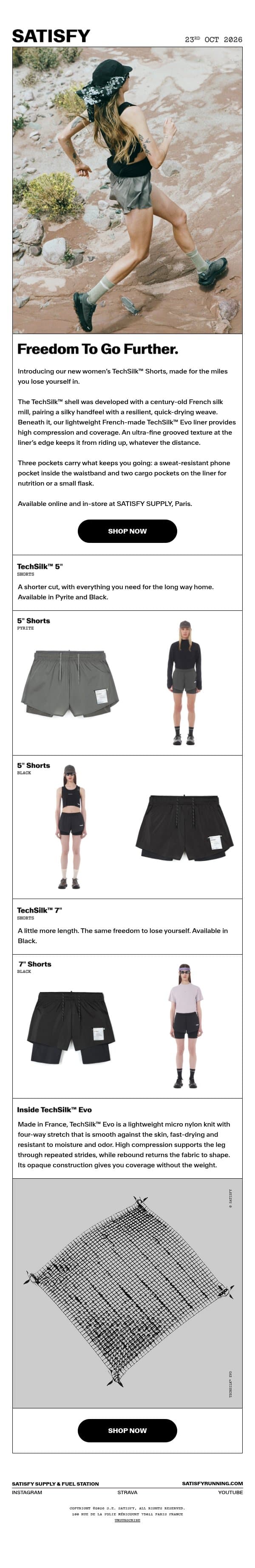 NEW ARRIVALS: TechSilk™ Shorts email from Satisfy Running screenshot