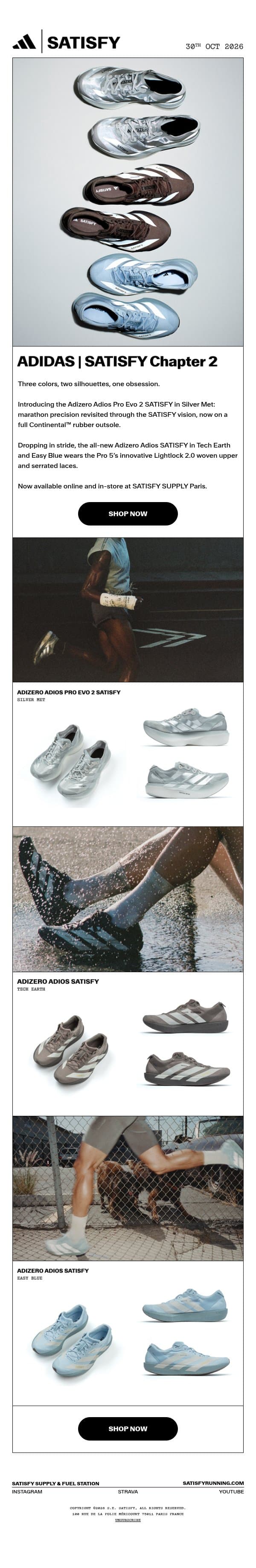 NEW DROP: ADIDAS | SATISFY Chapter 2 email from Satisfy Running screenshot