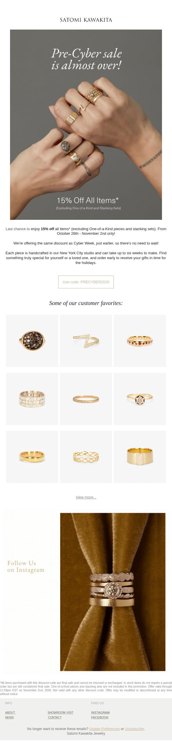 Our Pre-Cyber Sale is Ending Soon! email from Satomi Kawakita Jewelry screenshot