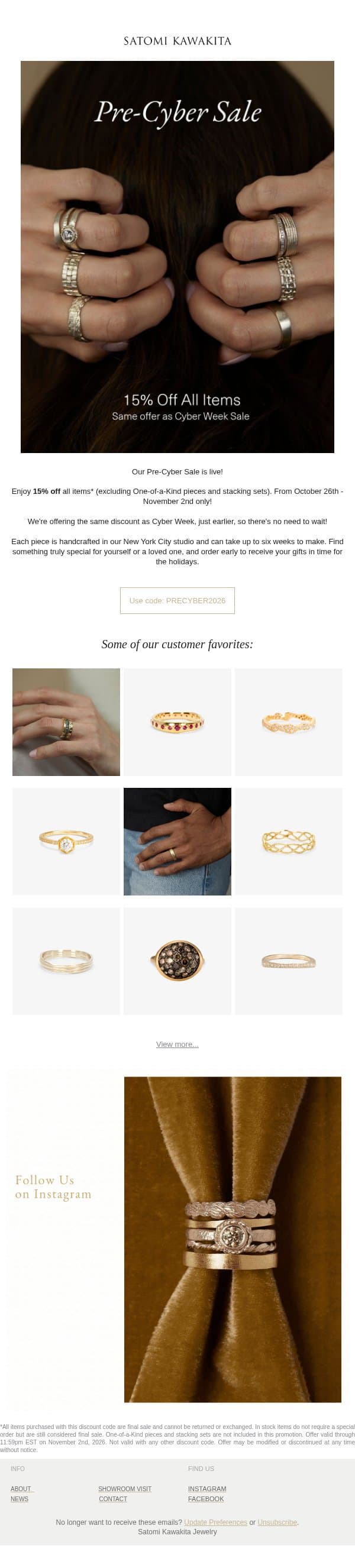 Pre-cyber Sale is Live email from Satomi Kawakita Jewelry screenshot