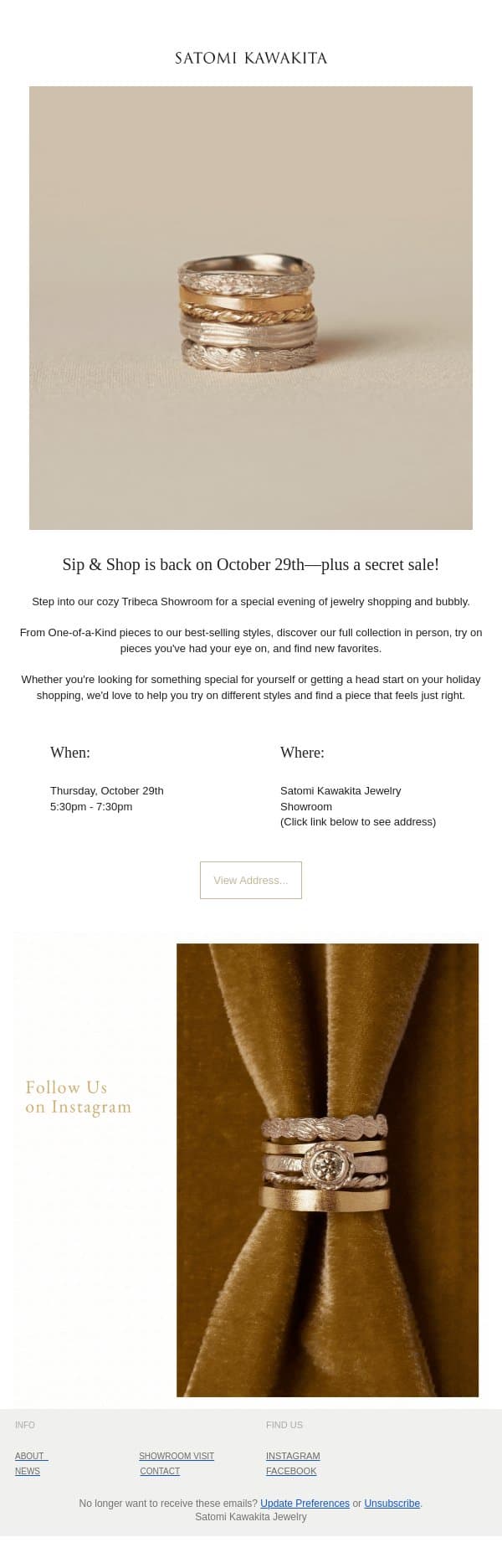 Sip & Shop on October 29th— plus a secret sale! email from Satomi Kawakita Jewelry screenshot