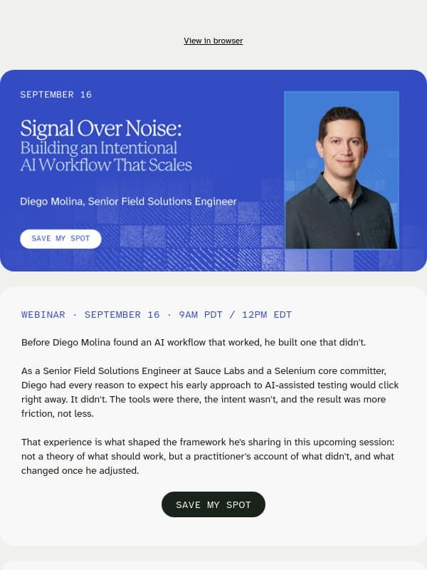 AI Testing Without the Friction: A Practitioner's Framework email from Sauce Labs