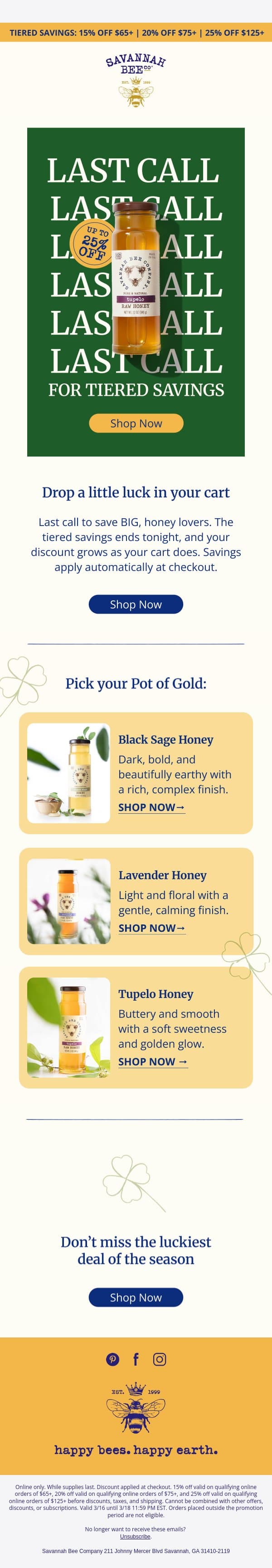LAST DAY for St. Patrick's Savings email from Savannah Bee Company screenshot