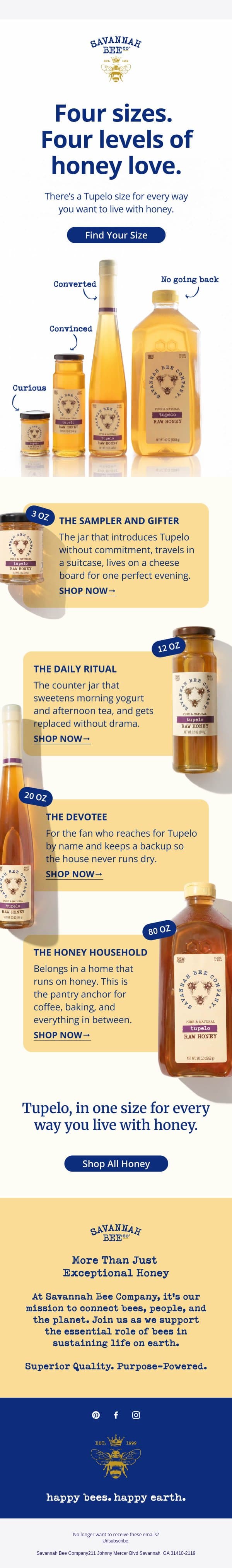 One Honey. Four Perfect Sizes. email from Savannah Bee Company screenshot