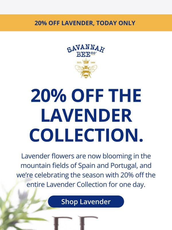 20% off Lavender. Today only. email from Savannah Bee Company