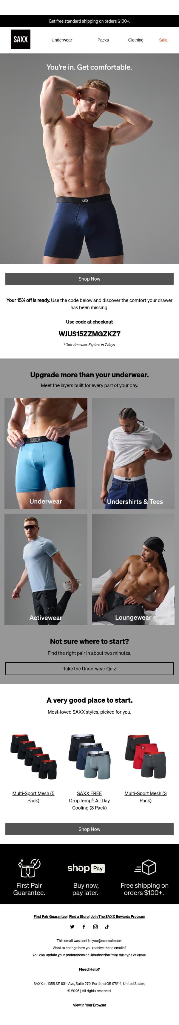 Welcome to SAXX. Take 15% off. email from SAXX screenshot