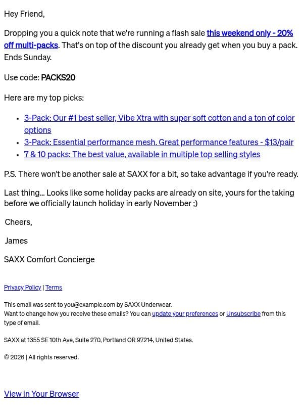 Members flash sale: 20% off Multi-Packs email from SAXX screenshot